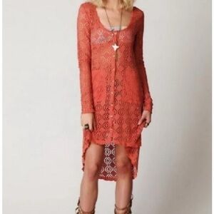 Free‎ People Beach Cardigan Cover-Up Orange Open-Knit Pockets Boho Festival